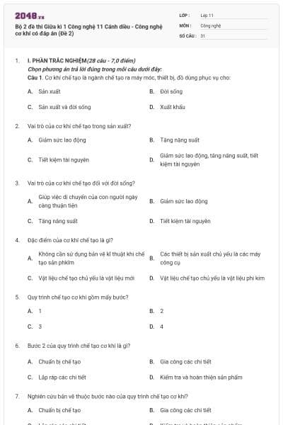 Bộ 2 đề thi Giữa kì 1 Công nghệ 11 Cánh diều - Công nghệ cơ khí có đáp án (Đề 2)