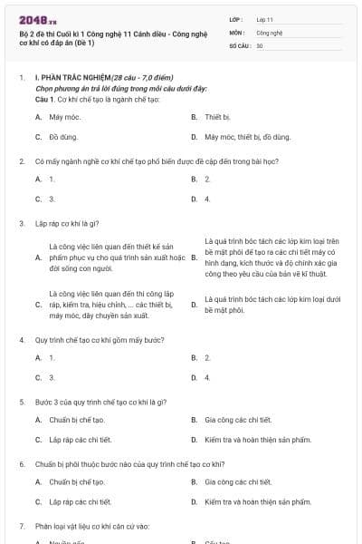 Bộ 2 đề thi Cuối kì 1 Công nghệ 11 Cánh diều - Công nghệ cơ khí có đáp án (Đề 1)