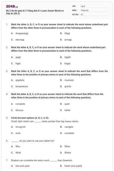 Bộ 5 đề thi giữa kì 2 Tiếng Anh 8 i-Learn Smart World có đáp án (Đề 2)