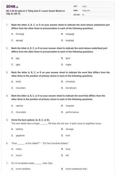 Bộ 5 đề thi giữa kì 2 Tiếng Anh 8 i-Learn Smart World có đáp án (Đề 4)