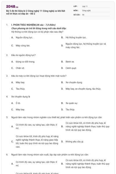 Bộ 5 đề thi Giữa kì 2 Công nghệ 11 Công nghệ cơ khí Kết nối tri thức có đáp án - Đề 2