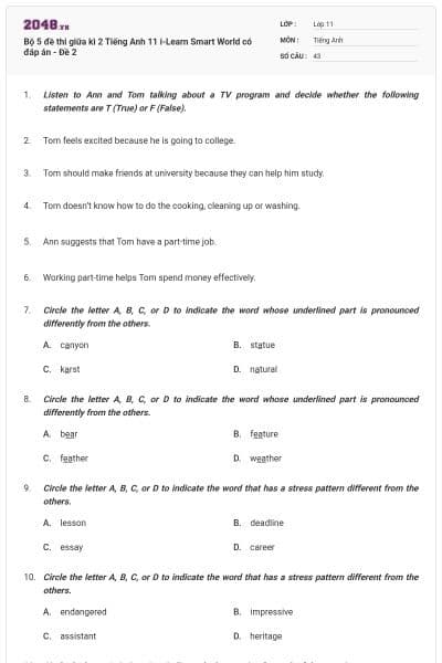 Bộ 5 đề thi giữa kì 2 Tiếng Anh 11 i-Learn Smart World có đáp án - Đề 2