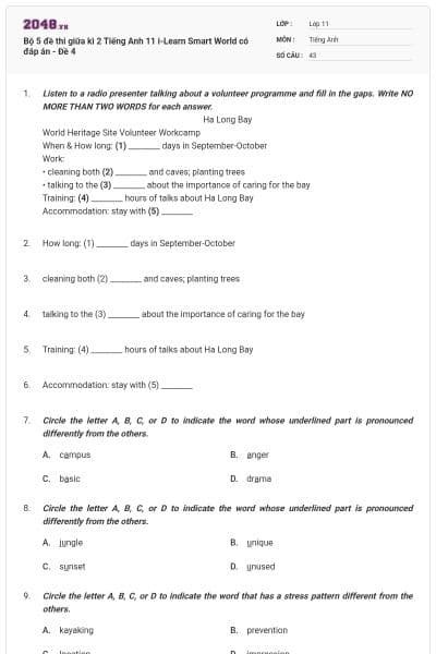 Bộ 5 đề thi giữa kì 2 Tiếng Anh 11 i-Learn Smart World có đáp án - Đề 4