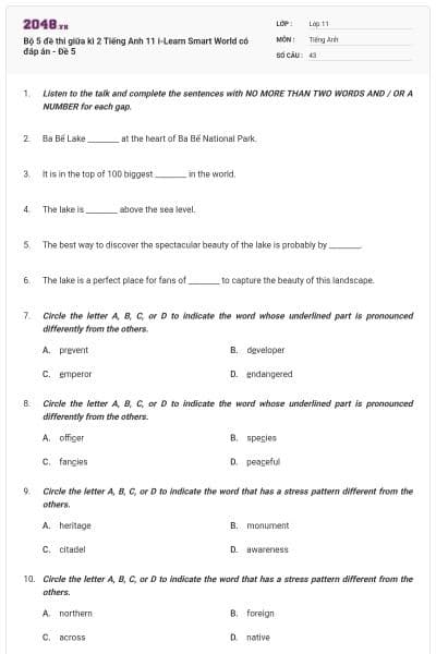 Bộ 5 đề thi giữa kì 2 Tiếng Anh 11 i-Learn Smart World có đáp án - Đề 5