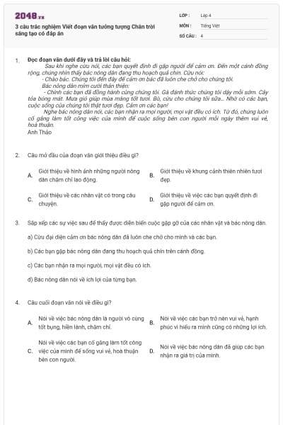 3 câu trắc nghiệm Viết đoạn văn tưởng tượng Chân trời sáng tạo có đáp án