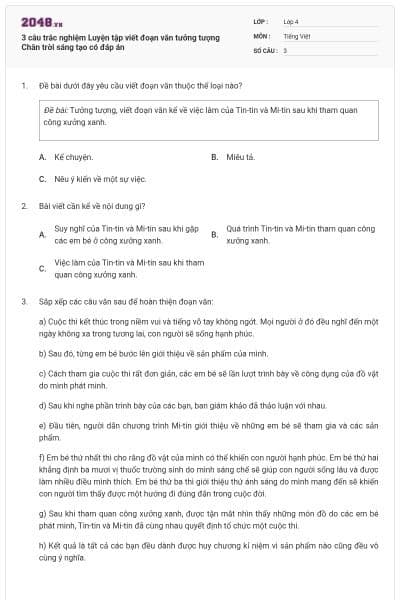 3 câu trắc nghiệm Luyện tập viết đoạn văn tưởng tượng Chân trời sáng tạo có đáp án