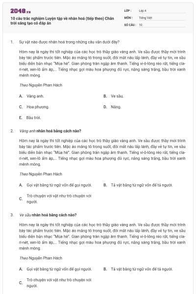 10 câu trắc nghiệm Luyện tập về nhân hoá (tiếp theo) Chân trời sáng tạo có đáp án