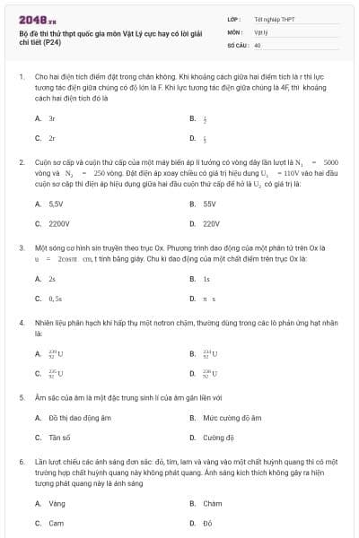 Bộ đề thi thử thpt quốc gia môn Vật Lý cực hay có lời giải chi tiết (P24)