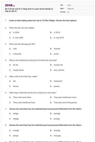 Bộ 5 đề thi cuối kì 2 Tiếng Anh 8 i-Learn Smart World có đáp án (Đề 3)