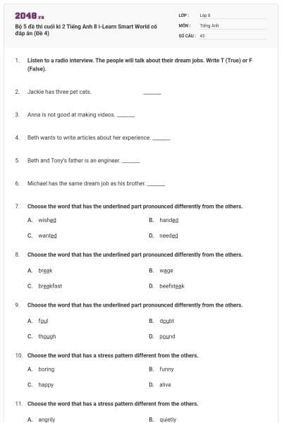 Bộ 5 đề thi cuối kì 2 Tiếng Anh 8 i-Learn Smart World có đáp án (Đề 4)