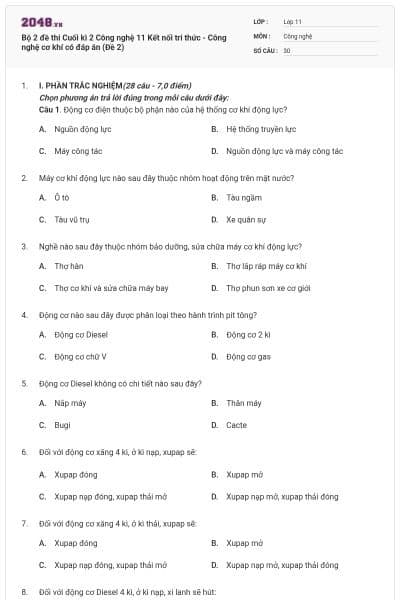 Bộ 2 đề thi Cuối kì 2 Công nghệ 11 Kết nối tri thức - Công nghệ cơ khí có đáp án (Đề 2)
