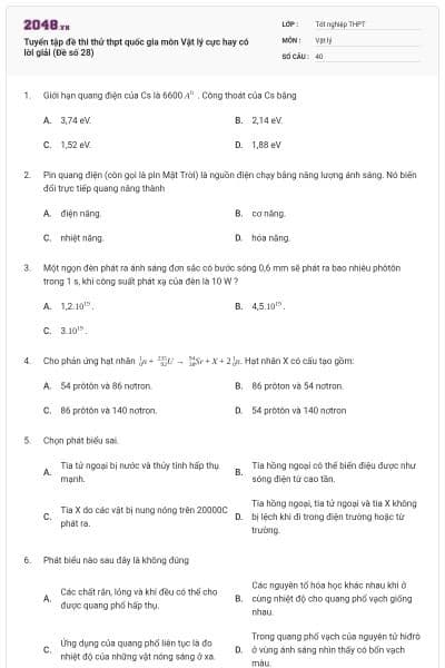 Tuyển tập đề thi thử thpt quốc gia môn Vật lý cực hay có lời giải (Đề số 28)