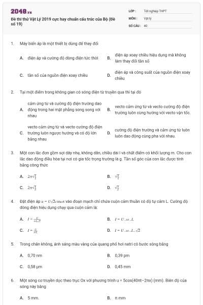 Đề thi thử Vật Lý 2019 cực hay chuẩn cấu trúc của Bộ (Đề số 19)