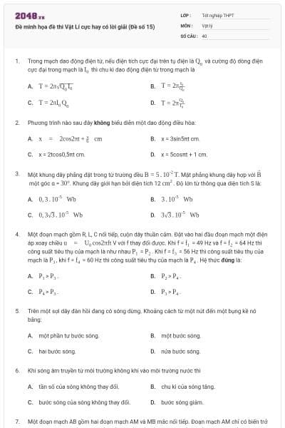 Đề minh họa đề thi Vật Lí cực hay có lời giải (Đề số 15)