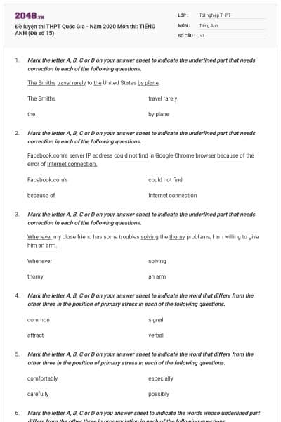 Đề luyện thi THPT Quốc Gia - Năm 2020 Môn thi: TIẾNG ANH (Đề số 15)