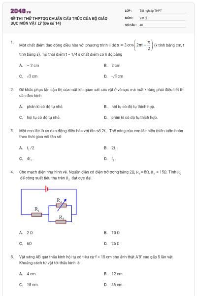 ĐỀ THI THỬ THPTQG CHUẨN CẤU TRÚC CỦA BỘ GIÁO DỤC MÔN VẬT LÝ (Đề số 14)