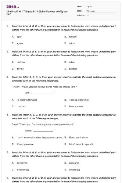 Đề thi cuối kì 1 Tiếng Anh 10 Global Success có đáp án- Đề 2