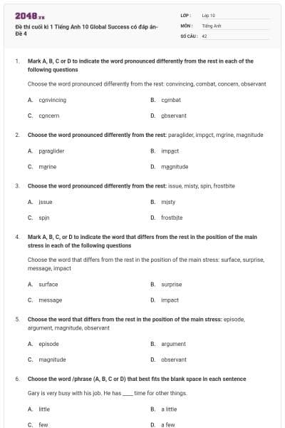 Đề thi cuối kì 1 Tiếng Anh 10 Global Success có đáp án- Đề 4