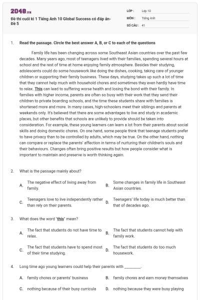 Đề thi cuối kì 1 Tiếng Anh 10 Global Success có đáp án- Đề 5