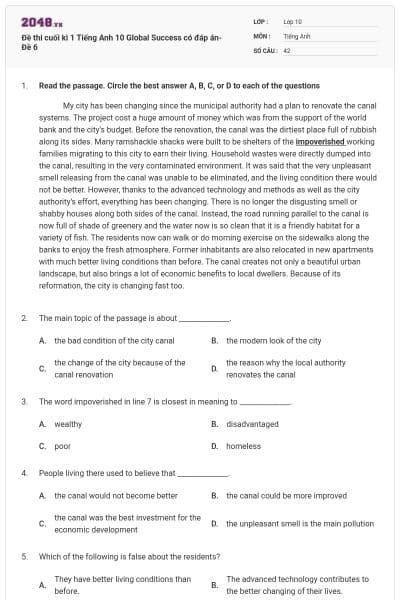 Đề thi cuối kì 1 Tiếng Anh 10 Global Success có đáp án- Đề 6