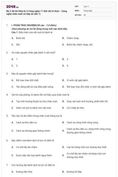 Bộ 2 đề thi Giữa kì 2 Công nghệ 11 Kết nối tri thức - Công nghệ chăn nuôi có đáp án (Đề 1)