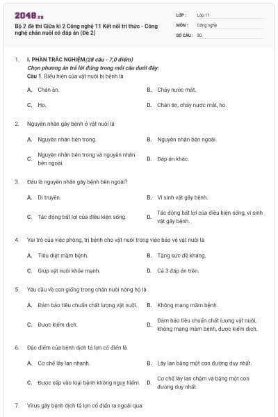 Bộ 2 đề thi Giữa kì 2 Công nghệ 11 Kết nối tri thức - Công nghệ chăn nuôi có đáp án (Đề 2)