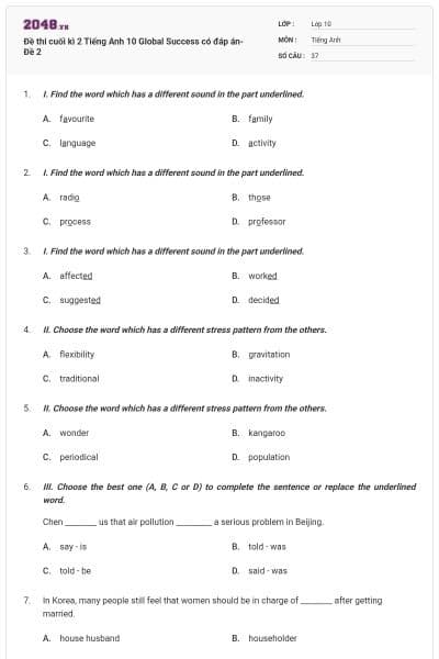 Đề thi cuối kì 2 Tiếng Anh 10 Global Success có đáp án- Đề 2