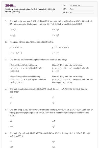 30 Đề thi thử thpt quốc gia môn Toán hay nhất có lời giải chi tiết (Đề số 3)