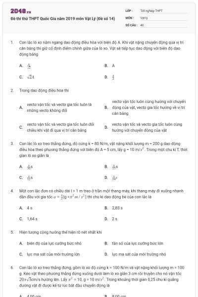 Đề thi thử THPT Quốc Gia năm 2019 môn Vật Lý (Đề số 14)