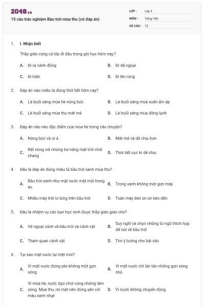 15 câu trắc nghiệm Bầu trời mùa thu (có đáp án)