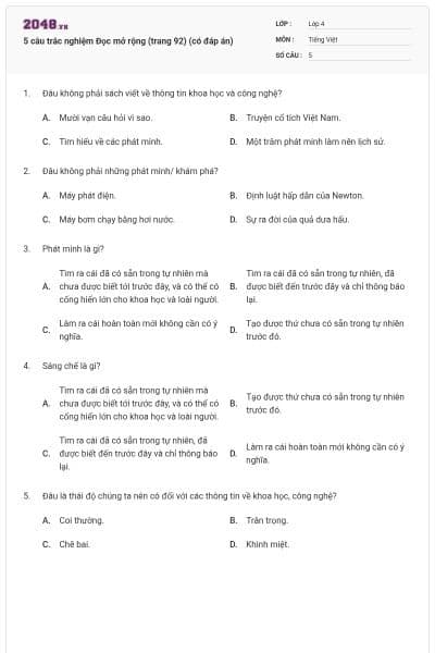 5 câu trắc nghiệm Đọc mở rộng (trang 92) (có đáp án)