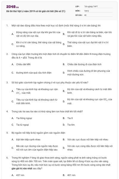 Đề thi thử Vật Lí năm 2019 có lời giải chi tiết (Đề số 21)