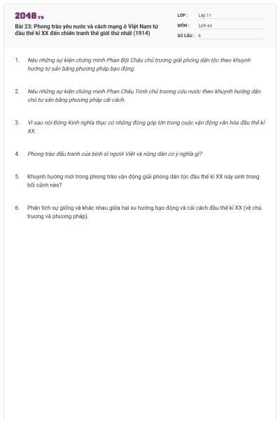 Bài 23: Phong trào yêu nước và cách mạng ở Việt Nam từ đầu thế kỉ XX đến chiến tranh thế giới thứ nhất (1914)