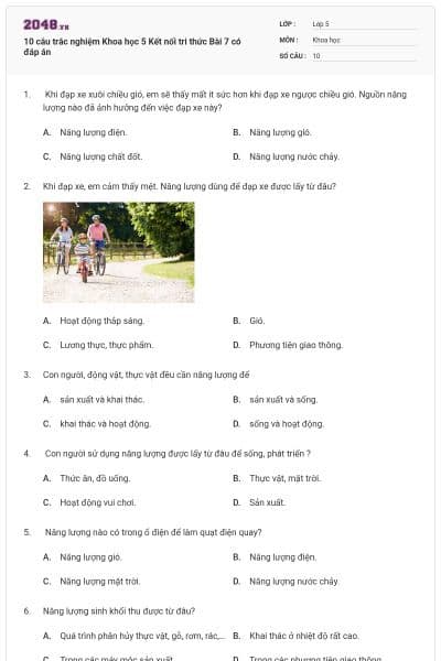 10 câu trắc nghiệm Khoa học 5 Kết nối tri thức Bài 7 có đáp án