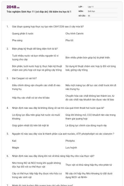 Trắc nghiệm Sinh Học 11 (có đáp án): Đề kiểm tra học kì 1