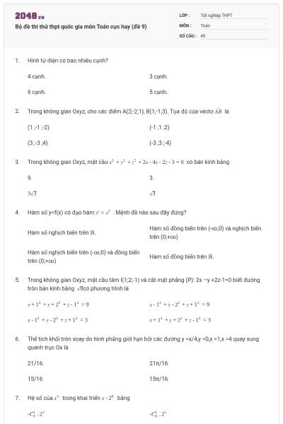 Bộ đề thi thử thpt quốc gia môn Toán cực hay (đề 9)