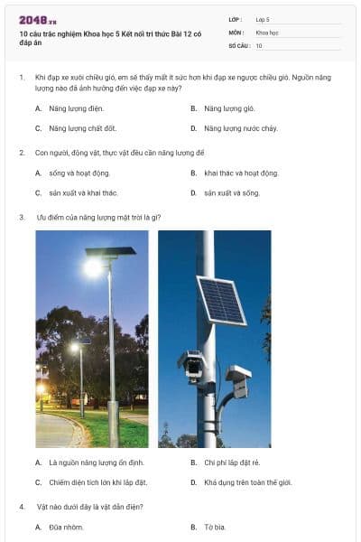 10 câu trắc nghiệm Khoa học 5 Kết nối tri thức Bài 12 có đáp án