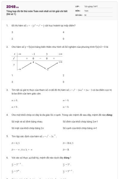 Tổng hợp đề thi thử môn Toán mới nhất có lời giải chi tiết (Đế số 1)