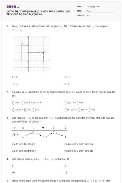 ĐỀ THI THỬ THPTQG NĂM 2019 MÔN TOÁN CHUẨN CẤU TRÚC CỦA BỘ GIÁO DỤC( Đề 14)