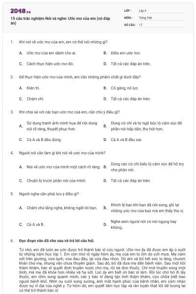 15 câu trắc nghiệm Nói và nghe: Ước mơ của em (có đáp án)