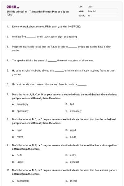 Bộ 5 đề thi cuối kì 1 Tiếng Anh 8 Friends Plus có đáp án (Đề 3)