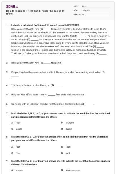Bộ 5 đề thi cuối kì 1 Tiếng Anh 8 Friends Plus có đáp án (Đề 5)