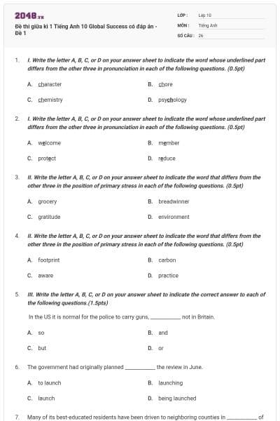 Đề thi giữa kì 1 Tiếng Anh 10 Global Success có đáp án - Đề 1