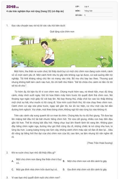 4 câu trắc nghiệm Đọc mở rộng (trang 23) (có đáp án)