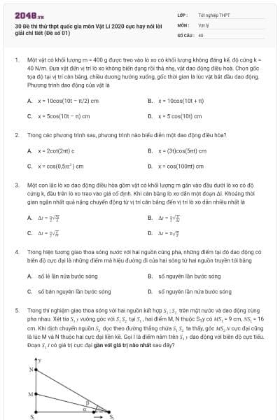 30 Đề thi thử thpt quốc gia môn Vật Lí 2020 cực hay nói lời giải chi tiết (Đề số 01)