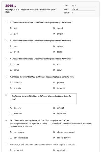 Đề thi giữa kì 2 Tiếng Anh 10 Global Success có đáp án- Đề 2