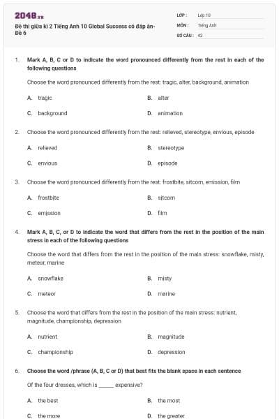Đề thi giữa kì 2 Tiếng Anh 10 Global Success có đáp án- Đề 6