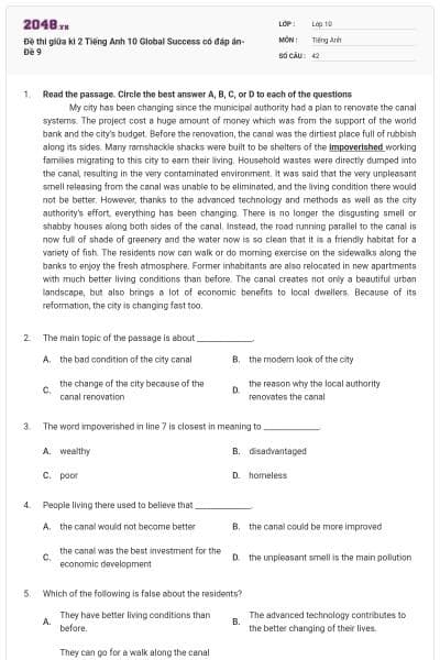 Đề thi giữa kì 2 Tiếng Anh 10 Global Success có đáp án- Đề 9