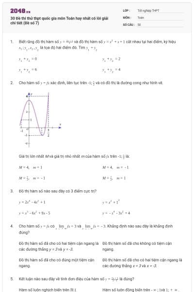30 Đề thi thử thpt quốc gia môn Toán hay nhất có lời giải chi tiết (Đề số 7)