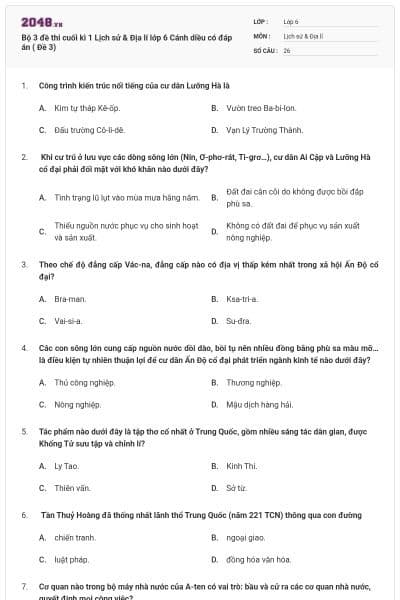Bộ 3 đề thi cuối kì 1 Lịch sử & Địa lí lớp 6 Cánh diều có đáp án ( Đề 3)